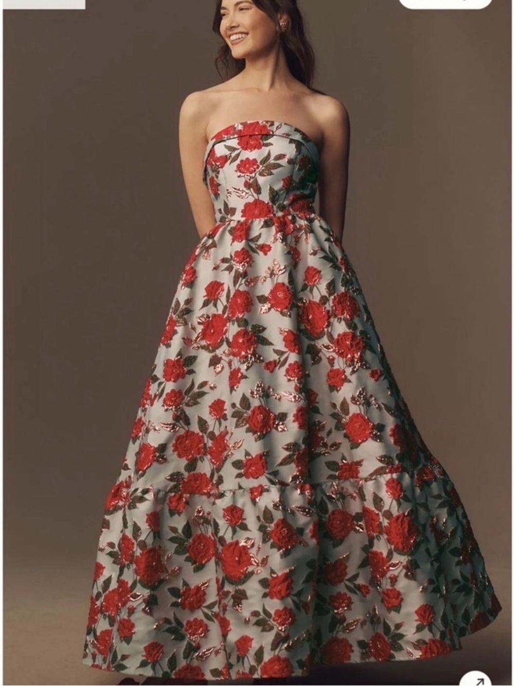 Mac Duggal Brocade Strapless Floral Gown Ruffle Hem Dress Size 8